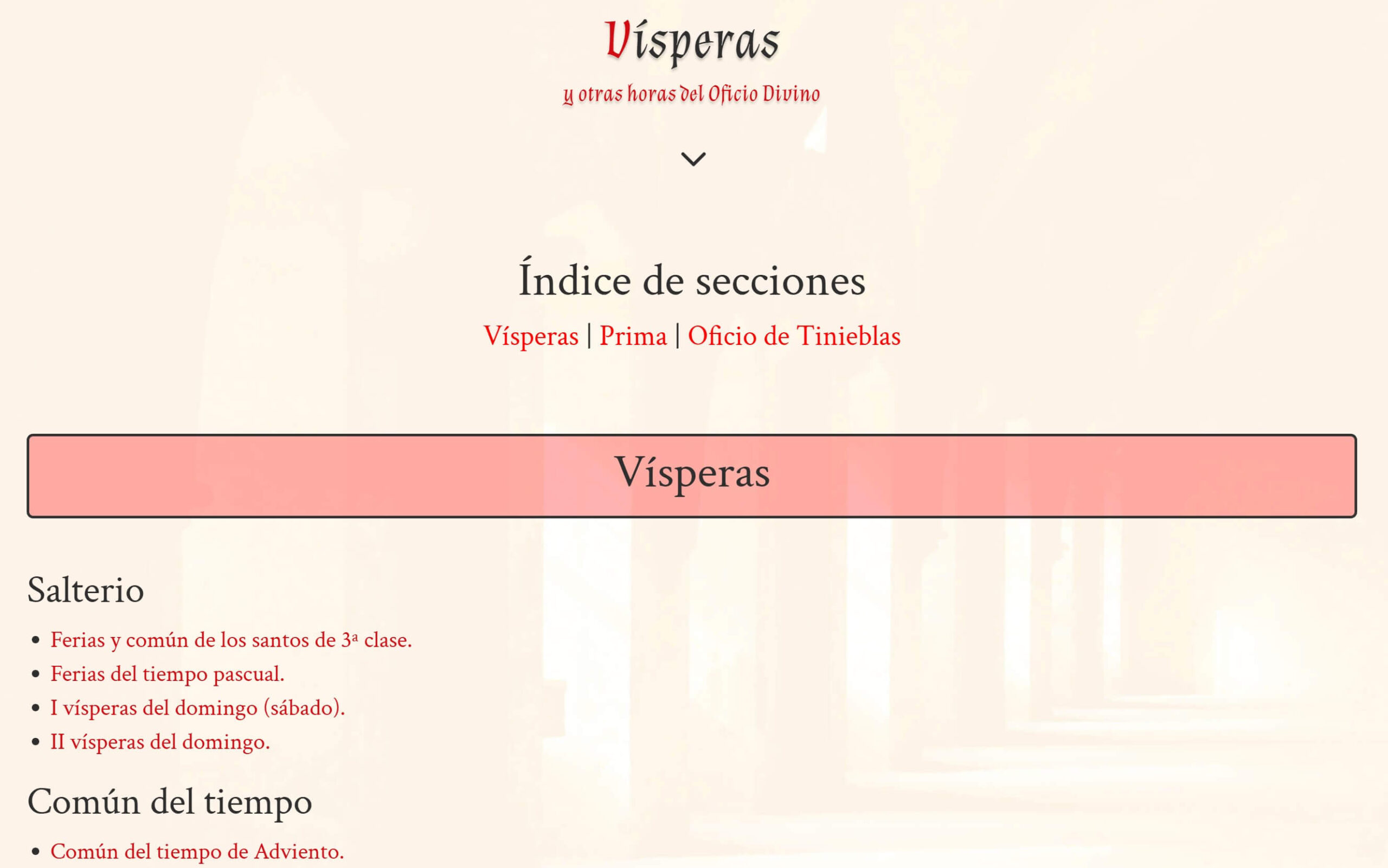Pantallazo de la página de vísperas y otras horas del Oficio Divino